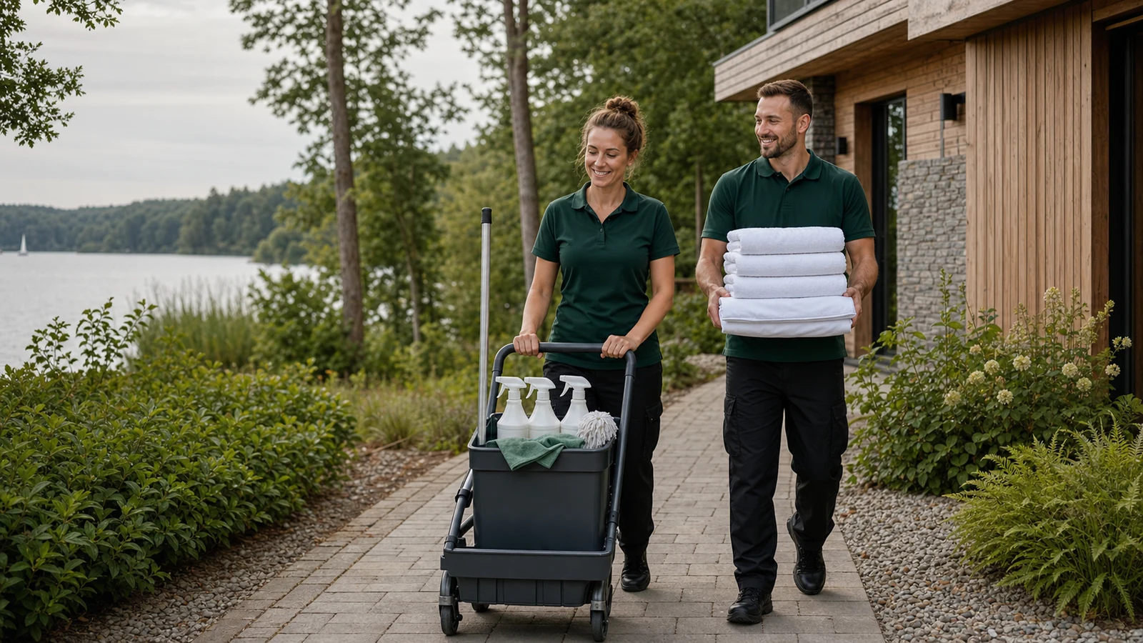 Zwei freundliche Reinigungskräfte bringen frische Handtücher und einen Arbeitswagen zu einer Ferienwohnung am See