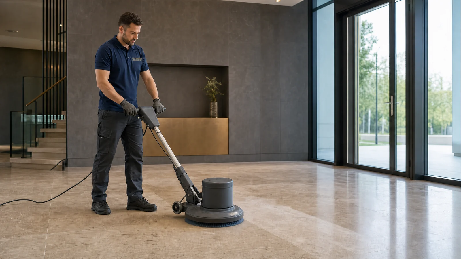 Eine Reinigungskraft pflegt einen großen Hartboden mit einer professionellen Einscheibenmaschine