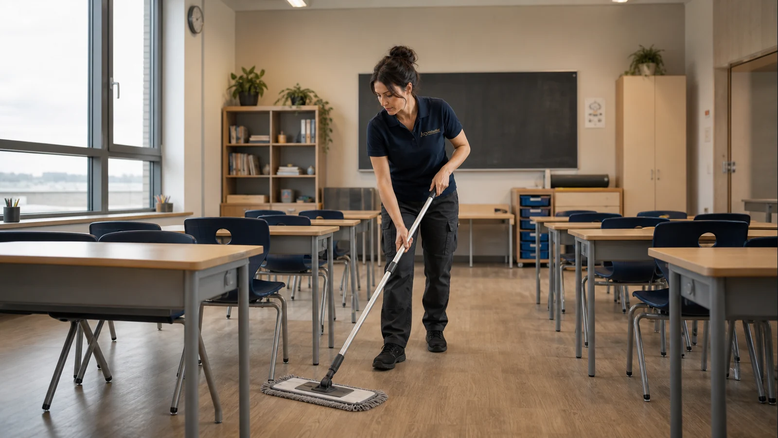 Eine Reinigungskraft wischt den Boden eines leeren Klassenraums